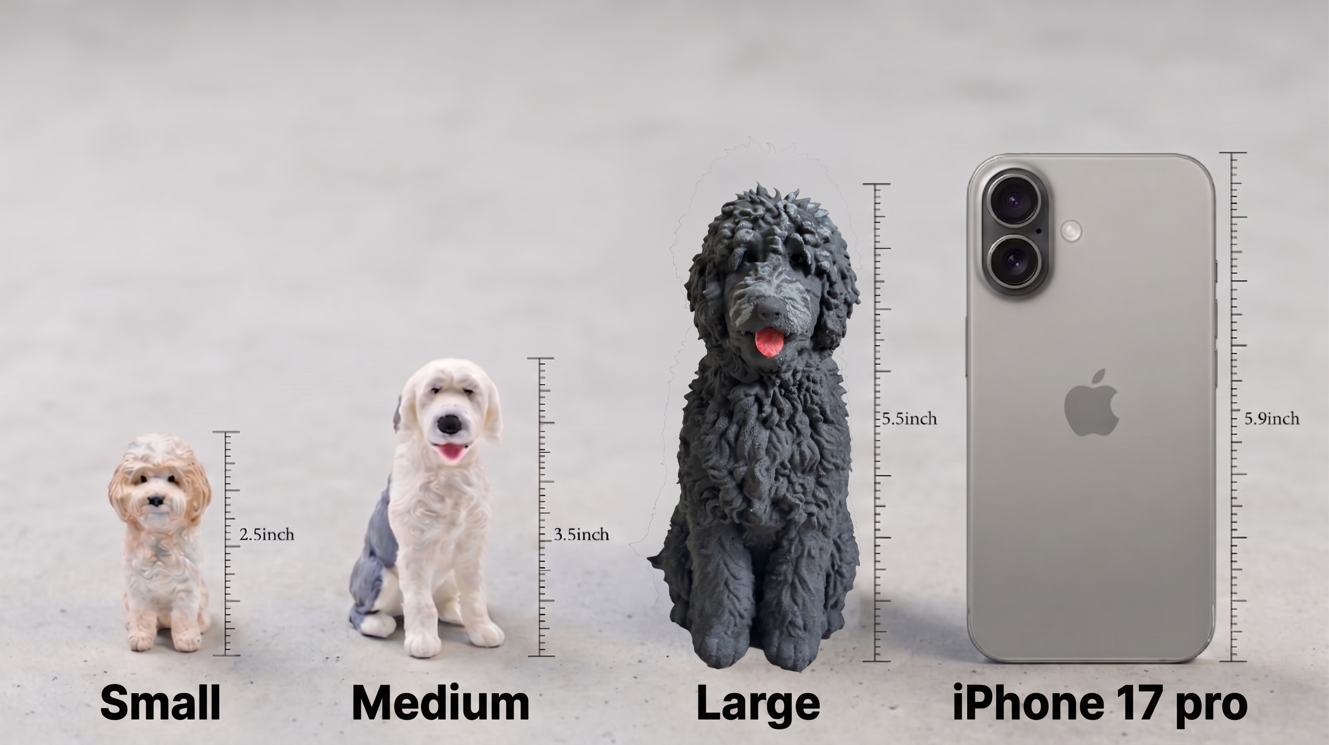 Petory figurine size comparison — Small 2.5 inch, Medium 3.5 inch, Large 5.5 inch