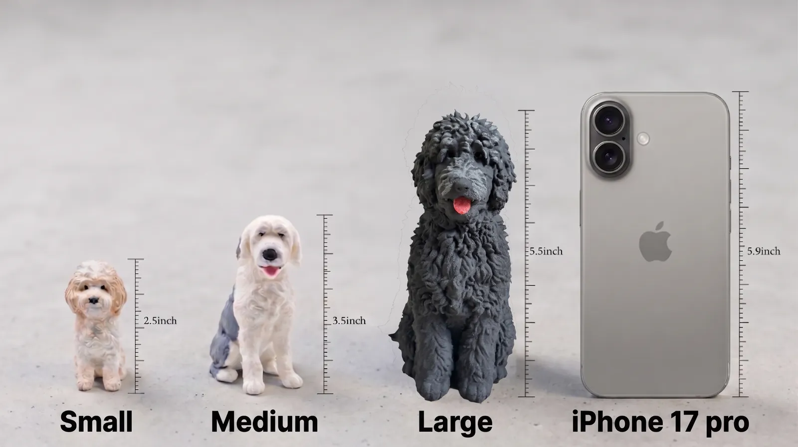 Petory figurine size comparison — Small 2.5 inch, Medium 3.5 inch, Large 5.5 inch
