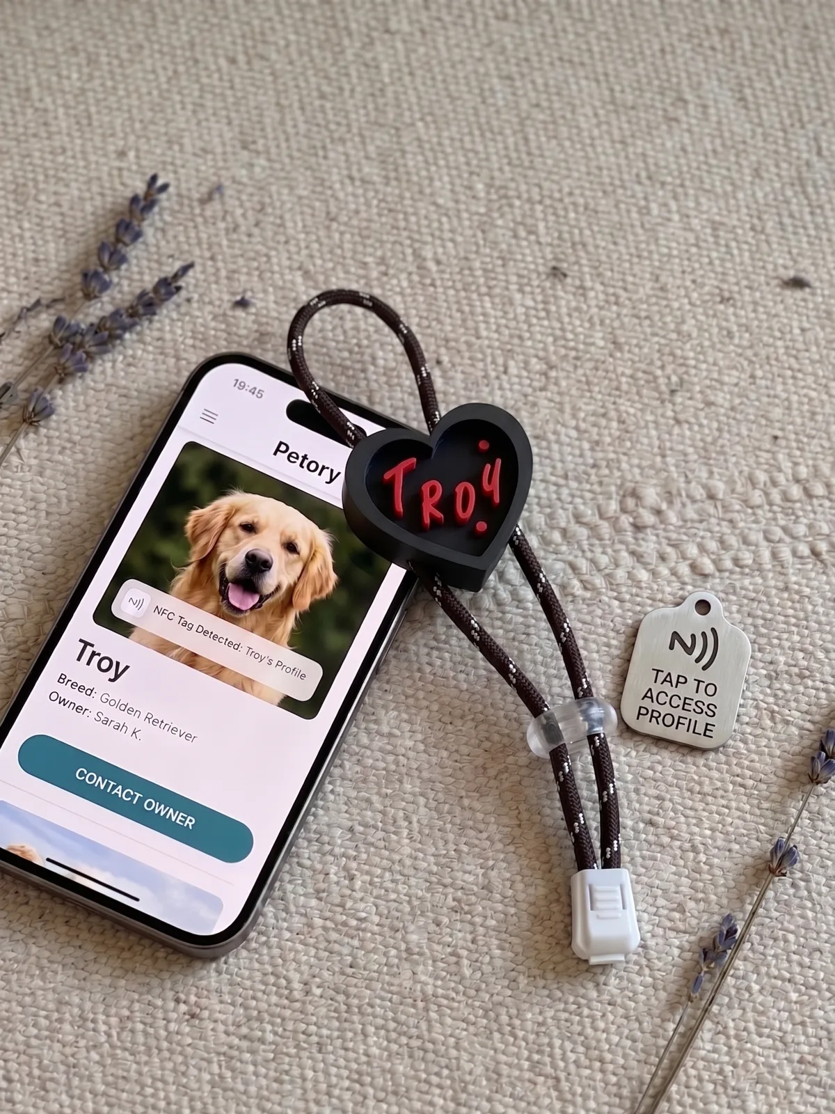 Petory Smart Pet Tag in black with custom initials